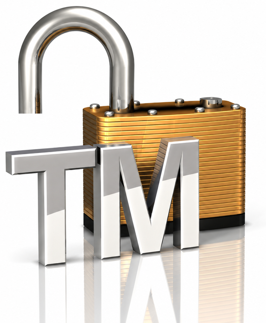 Open gold padlock with a chrome TM symbol in front, representing unregistered common-law trademark rights.