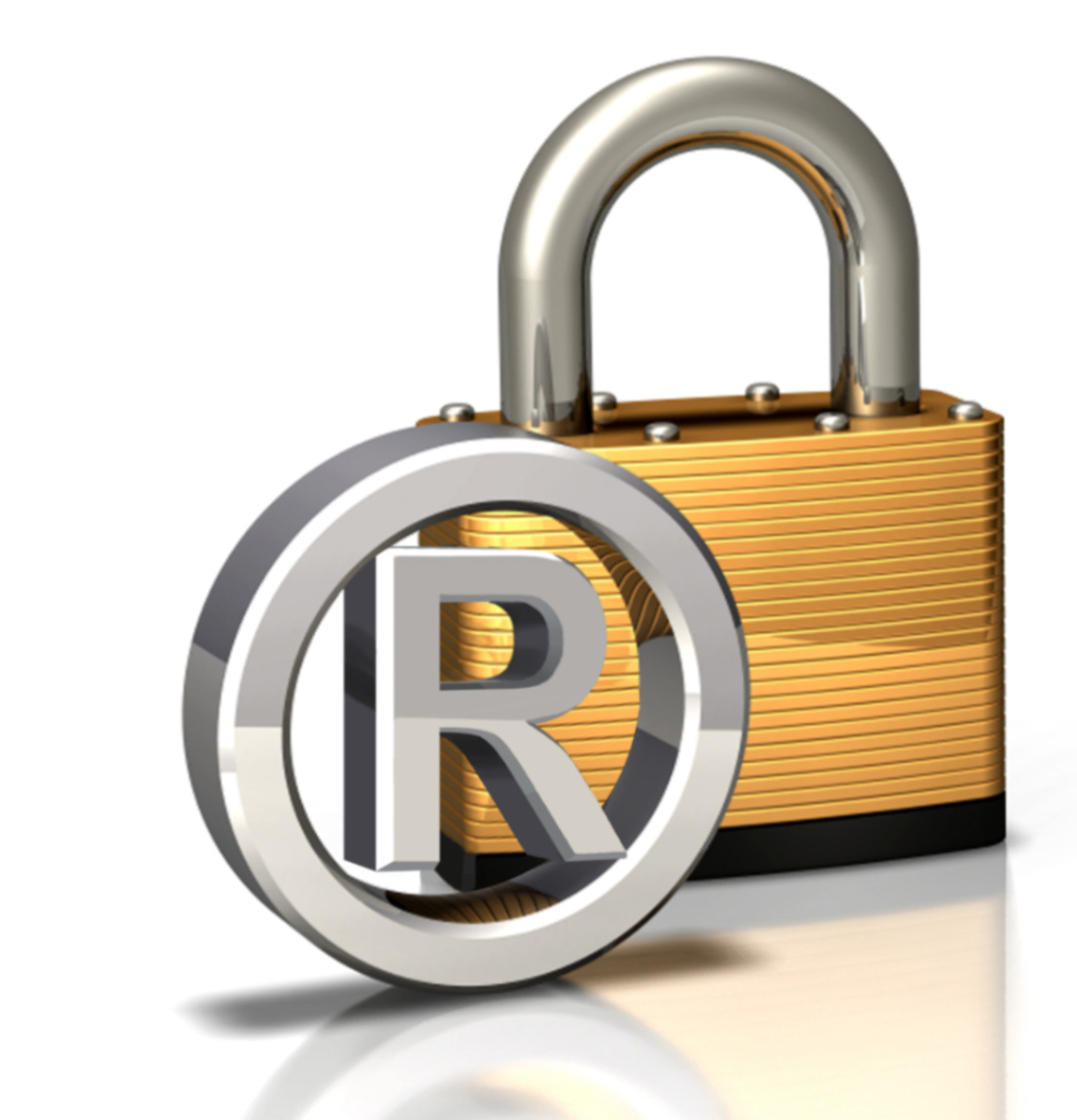 Closed gold padlock with a chrome circled R in front, representing federally registered trademark protection.