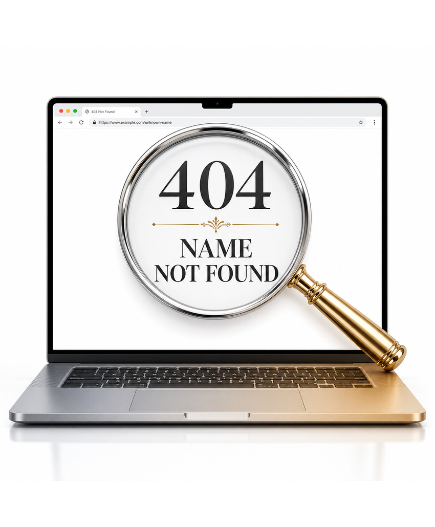 Silver-and-gold laptop displaying a browser window with a large chrome-and-gold magnifying glass over the words “NAME NOT FOUND” and a small 404 — representing the unreliability of a casual internet search for trademark clearance.